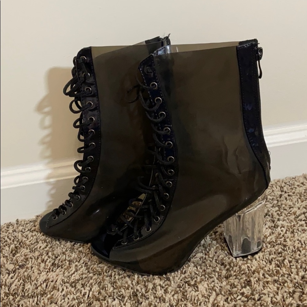 Black PVC Lace-up Booties w/Clear Heel